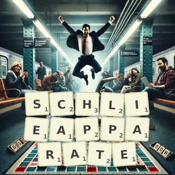 Kreative Illustration für ein Scrabble-Spiel, bei dem das Wort SCHLIEAPPARATE mit Steinen auf dem Brett gelegt wurde.
