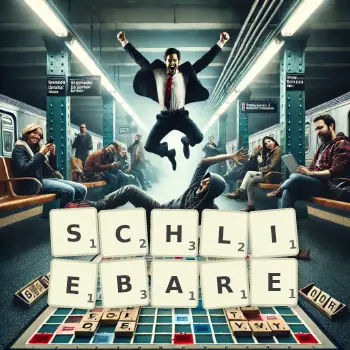 Kreative Illustration für ein Scrabble-Spiel, bei dem das Wort SCHLIEBARE mit Steinen auf dem Brett gelegt wurde.
