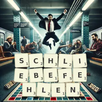 Kreative Illustration für ein Scrabble-Spiel, bei dem das Wort SCHLIEBEFEHLEN mit Steinen auf dem Brett gelegt wurde.