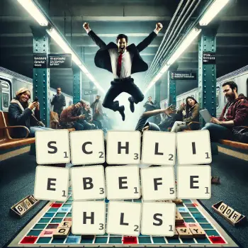 Kreative Illustration für ein Scrabble-Spiel, bei dem das Wort SCHLIEBEFEHLS mit Steinen auf dem Brett gelegt wurde.