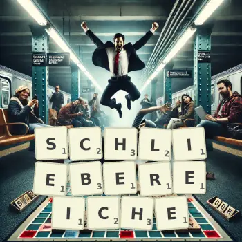 Kreative Illustration für ein Scrabble-Spiel, bei dem das Wort SCHLIEBEREICHE mit Steinen auf dem Brett gelegt wurde.