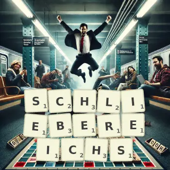 Kreative Illustration für ein Scrabble-Spiel, bei dem das Wort SCHLIEBEREICHS mit Steinen auf dem Brett gelegt wurde.