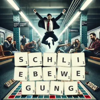Kreative Illustration für ein Scrabble-Spiel, bei dem das Wort SCHLIEBEWEGUNG mit Steinen auf dem Brett gelegt wurde.
