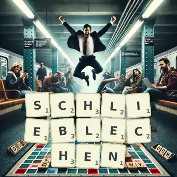 Kreative Illustration für ein Scrabble-Spiel, bei dem das Wort SCHLIEBLECHEN mit Steinen auf dem Brett gelegt wurde.
