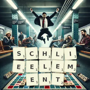 Kreative Illustration für ein Scrabble-Spiel, bei dem das Wort SCHLIEELEMENT mit Steinen auf dem Brett gelegt wurde.