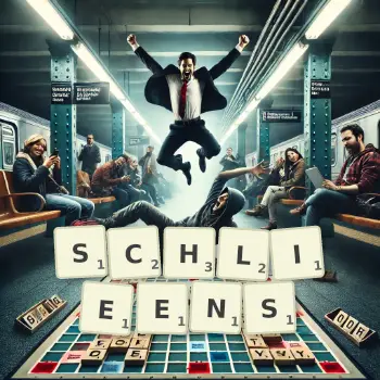 Kreative Illustration für ein Scrabble-Spiel, bei dem das Wort SCHLIEENS mit Steinen auf dem Brett gelegt wurde.