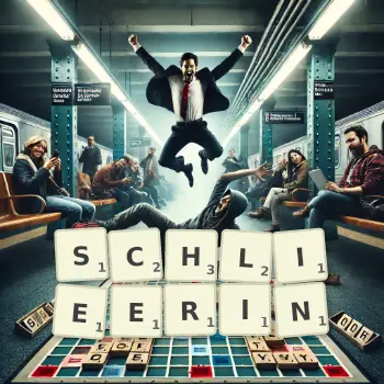 Kreative Illustration für ein Scrabble-Spiel, bei dem das Wort SCHLIEERIN mit Steinen auf dem Brett gelegt wurde.