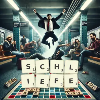 Kreative Illustration für ein Scrabble-Spiel, bei dem das Wort SCHLIEFE mit Steinen auf dem Brett gelegt wurde.