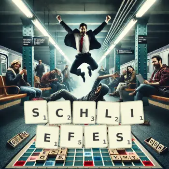 Kreative Illustration für ein Scrabble-Spiel, bei dem das Wort SCHLIEFES mit Steinen auf dem Brett gelegt wurde.