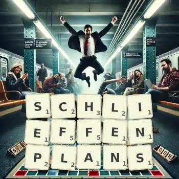 Kreative Illustration für ein Scrabble-Spiel, bei dem das Wort SCHLIEFFENPLANS mit Steinen auf dem Brett gelegt wurde.