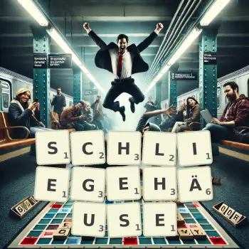 Kreative Illustration für ein Scrabble-Spiel, bei dem das Wort SCHLIEGEHÄUSE mit Steinen auf dem Brett gelegt wurde.