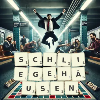 Kreative Illustration für ein Scrabble-Spiel, bei dem das Wort SCHLIEGEHÄUSEN mit Steinen auf dem Brett gelegt wurde.