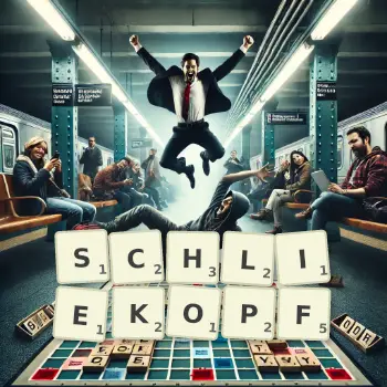 Kreative Illustration für ein Scrabble-Spiel, bei dem das Wort SCHLIEKOPF mit Steinen auf dem Brett gelegt wurde.