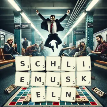 Kreative Illustration für ein Scrabble-Spiel, bei dem das Wort SCHLIEMUSKELN mit Steinen auf dem Brett gelegt wurde.