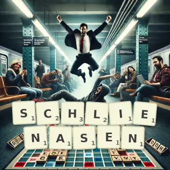 Kreative Illustration für ein Scrabble-Spiel, bei dem das Wort SCHLIENASEN mit Steinen auf dem Brett gelegt wurde.