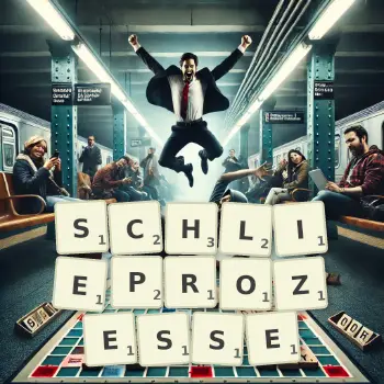 Kreative Illustration für ein Scrabble-Spiel, bei dem das Wort SCHLIEPROZESSE mit Steinen auf dem Brett gelegt wurde.