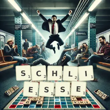 Kreative Illustration für ein Scrabble-Spiel, bei dem das Wort SCHLIESSE mit Steinen auf dem Brett gelegt wurde.
