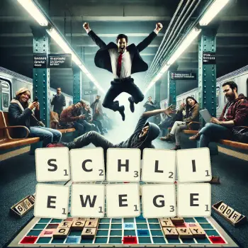 Kreative Illustration für ein Scrabble-Spiel, bei dem das Wort SCHLIEWEGE mit Steinen auf dem Brett gelegt wurde.