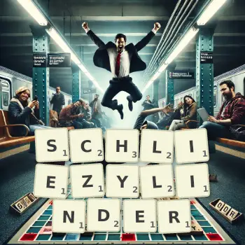 Kreative Illustration für ein Scrabble-Spiel, bei dem das Wort SCHLIEZYLINDER mit Steinen auf dem Brett gelegt wurde.