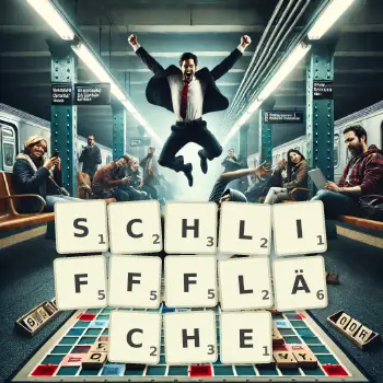 Kreative Illustration für ein Scrabble-Spiel, bei dem das Wort SCHLIFFFLÄCHE mit Steinen auf dem Brett gelegt wurde.