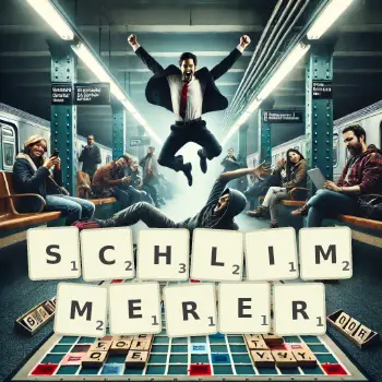 Kreative Illustration für ein Scrabble-Spiel, bei dem das Wort SCHLIMMERER mit Steinen auf dem Brett gelegt wurde.