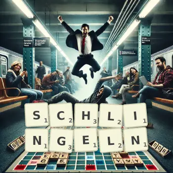 Kreative Illustration für ein Scrabble-Spiel, bei dem das Wort SCHLINGELN mit Steinen auf dem Brett gelegt wurde.