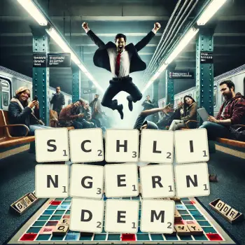 Kreative Illustration für ein Scrabble-Spiel, bei dem das Wort SCHLINGERNDEM mit Steinen auf dem Brett gelegt wurde.