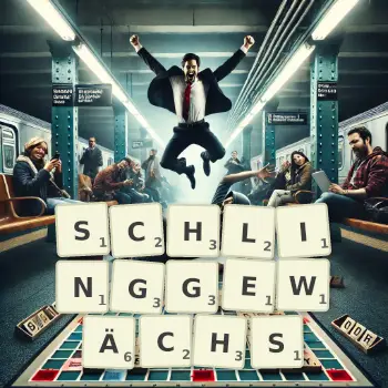 Kreative Illustration für ein Scrabble-Spiel, bei dem das Wort SCHLINGGEWÄCHS mit Steinen auf dem Brett gelegt wurde.