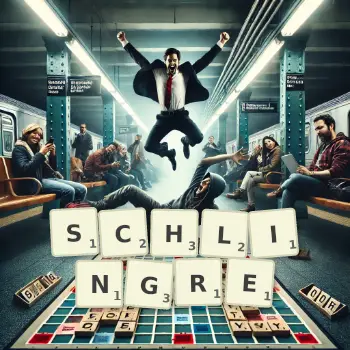 Kreative Illustration für ein Scrabble-Spiel, bei dem das Wort SCHLINGRE mit Steinen auf dem Brett gelegt wurde.