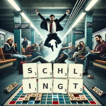 Kreative Illustration für ein Scrabble-Spiel, bei dem das Wort SCHLINGT mit Steinen auf dem Brett gelegt wurde.