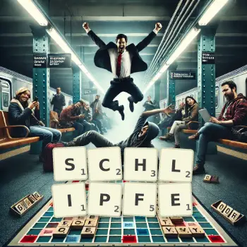 Kreative Illustration für ein Scrabble-Spiel, bei dem das Wort SCHLIPFE mit Steinen auf dem Brett gelegt wurde.