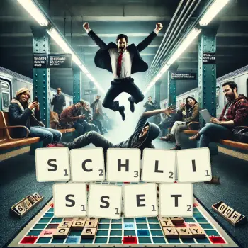Kreative Illustration für ein Scrabble-Spiel, bei dem das Wort SCHLISSET mit Steinen auf dem Brett gelegt wurde.