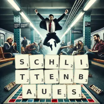 Kreative Illustration für ein Scrabble-Spiel, bei dem das Wort SCHLITTENBAUES mit Steinen auf dem Brett gelegt wurde.