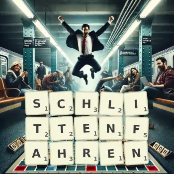 Kreative Illustration für ein Scrabble-Spiel, bei dem das Wort SCHLITTENFAHREN mit Steinen auf dem Brett gelegt wurde.