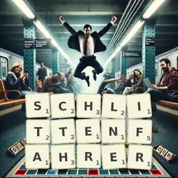 Kreative Illustration für ein Scrabble-Spiel, bei dem das Wort SCHLITTENFAHRER mit Steinen auf dem Brett gelegt wurde.