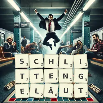 Kreative Illustration für ein Scrabble-Spiel, bei dem das Wort SCHLITTENGELÄUT mit Steinen auf dem Brett gelegt wurde.
