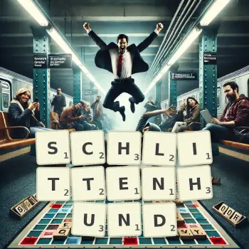 Kreative Illustration für ein Scrabble-Spiel, bei dem das Wort SCHLITTENHUND mit Steinen auf dem Brett gelegt wurde.