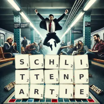 Kreative Illustration für ein Scrabble-Spiel, bei dem das Wort SCHLITTENPARTIE mit Steinen auf dem Brett gelegt wurde.