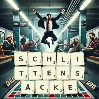 Kreative Illustration für ein Scrabble-Spiel, bei dem das Wort SCHLITTENSÄCKE mit Steinen auf dem Brett gelegt wurde.