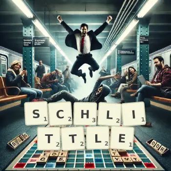 Kreative Illustration für ein Scrabble-Spiel, bei dem das Wort SCHLITTLE mit Steinen auf dem Brett gelegt wurde.