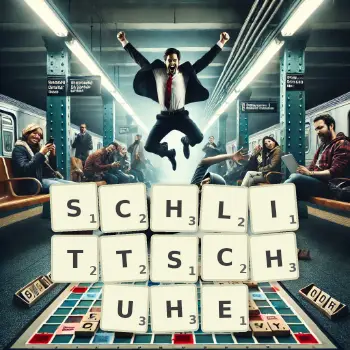 Kreative Illustration für ein Scrabble-Spiel, bei dem das Wort SCHLITTSCHUHE mit Steinen auf dem Brett gelegt wurde.