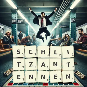 Kreative Illustration für ein Scrabble-Spiel, bei dem das Wort SCHLITZANTENNEN mit Steinen auf dem Brett gelegt wurde.