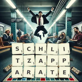 Kreative Illustration für ein Scrabble-Spiel, bei dem das Wort SCHLITZAPPARATE mit Steinen auf dem Brett gelegt wurde.