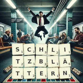Kreative Illustration für ein Scrabble-Spiel, bei dem das Wort SCHLITZBLÄTTERN mit Steinen auf dem Brett gelegt wurde.
