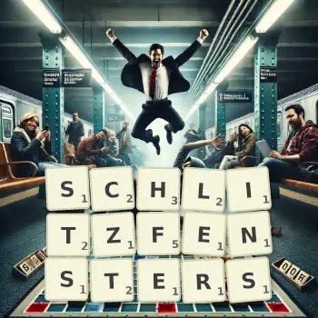 Kreative Illustration für ein Scrabble-Spiel, bei dem das Wort SCHLITZFENSTERS mit Steinen auf dem Brett gelegt wurde.