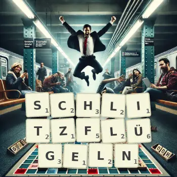 Kreative Illustration für ein Scrabble-Spiel, bei dem das Wort SCHLITZFLÜGELN mit Steinen auf dem Brett gelegt wurde.