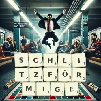Kreative Illustration für ein Scrabble-Spiel, bei dem das Wort SCHLITZFÖRMIGE mit Steinen auf dem Brett gelegt wurde.