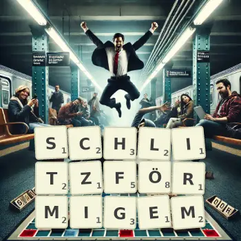 Kreative Illustration für ein Scrabble-Spiel, bei dem das Wort SCHLITZFÖRMIGEM mit Steinen auf dem Brett gelegt wurde.
