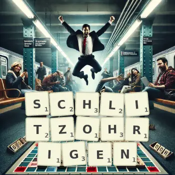 Kreative Illustration für ein Scrabble-Spiel, bei dem das Wort SCHLITZOHRIGEN mit Steinen auf dem Brett gelegt wurde.