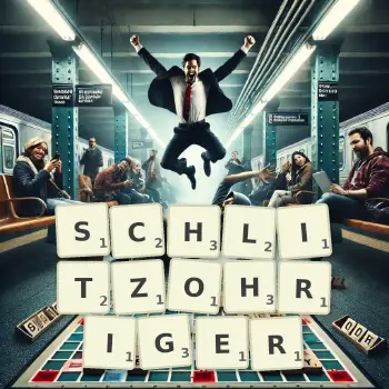 Kreative Illustration für ein Scrabble-Spiel, bei dem das Wort SCHLITZOHRIGER mit Steinen auf dem Brett gelegt wurde.